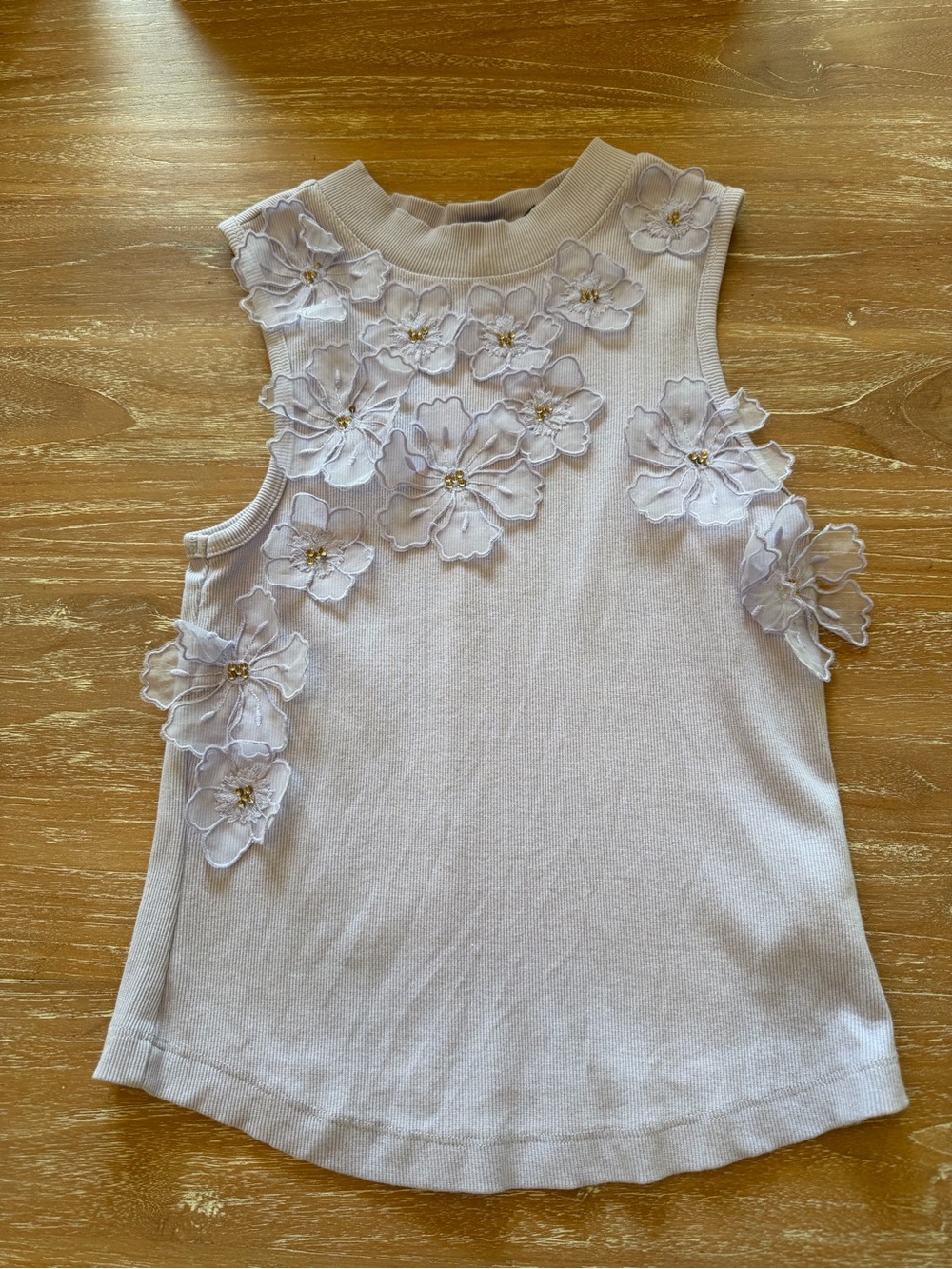 Anthropologie Sleeveless Knit Tank with 3D Floral Appliqués - Pale Lavender